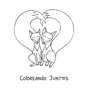 Imagen para colorear de una pareja de zorros animados uniendo sus colas en forma de corazón