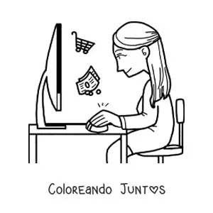 Imagen para colorear de una mujer comprando por internet en la computadora