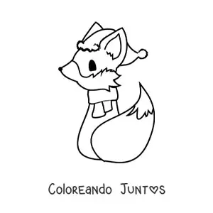 Imagen para colorear de un zorro animado sentado de espaldas con bufanda y gorro navideño