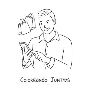 Imagen para colorear de un hombre comprando por internet desde el teléfono celular