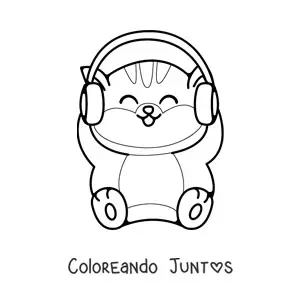 Imagen para colorear de un gato kawaii animado con audífonos en la cabeza