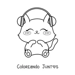 Imagen para colorear de un gato kawaii escuchando música