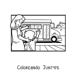 Imagen para colorear de un niño tomando el autobús escolar