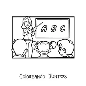 Imagen para colorear de una maestra y los alumnos de primaria en el salón
