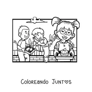 Imagen para colorear de unos niños almorzando en el receso