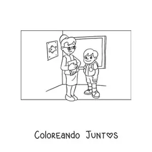 Imagen para colorear de una maestra y un alumno en el salón de primaria