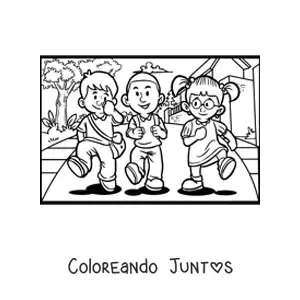 Imagen para colorear de tres niños caminando a la escuela