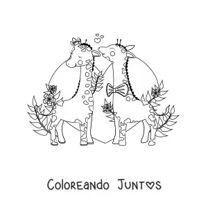 Imagen para colorear de una pareja romántica de jirafas animadas con un corazón en el fondo