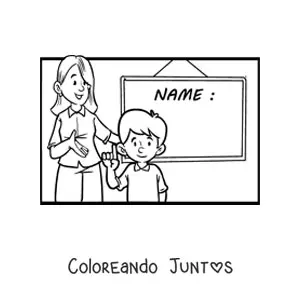 Imagen para colorear de una maestra y un alumno junto a una pizarra