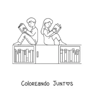 Imagen para colorear de dos niños leyendo en la biblioteca