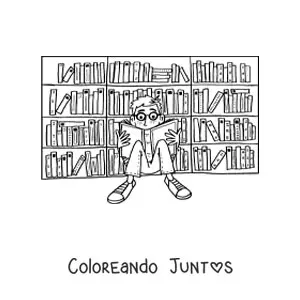 Imagen para colorear de un niño leyendo en la biblioteca