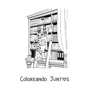 Imagen para colorear de un gato animado buscando un libro en la biblioteca