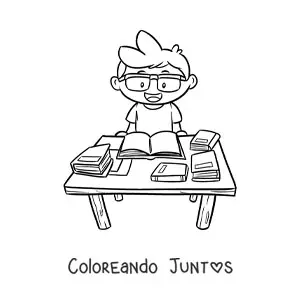 Imagen para colorear de un niño haciendo tarea en la biblioteca escolar