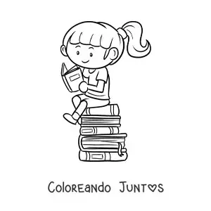 Imagen para colorear de una niña leyendo sentada sobre una pila de libros