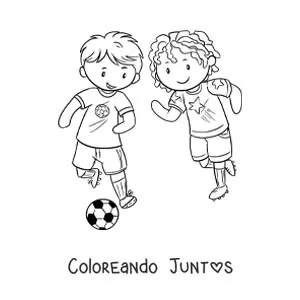 Imagen para colorear de una niña y un niño jugando fútbol