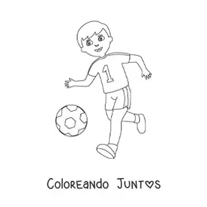 Imagen para colorear de un niño corriendo tras balón de fútbol