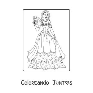Imagen para colorear de una princesa con un vestido y un abanico