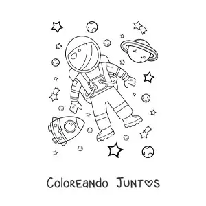 Imagen para colorear de un astronauta en el espacio con planetas y estrellas
