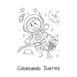 Imagen para colorear de un astronauta flotando en el espacio con la Luna y varias estrellas