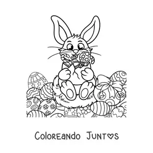 Imagen para colorear de un conejo con varios huevos de pascua