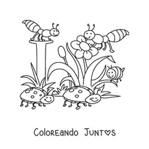 Imagen para colorear de varios insectos y flores de primavera