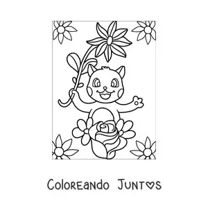 Imagen para colorear de un gato animado con flores de primavera