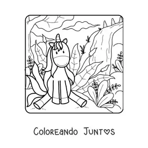Imagen para colorear de un unicornio animado sentado en un campo con clima de primavera