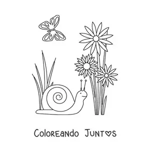 Imagen para colorear de un caracol y varias flores en primavera