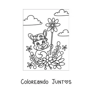 Imagen para colorear de un conejo animado sosteniendo varias flores