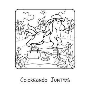 Imagen para colorear de un unicornio animado en un picnic de verano
