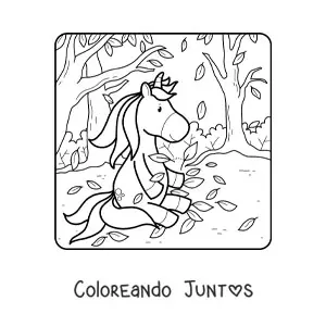 Imagen para colorear de un unicornio jugando con hojas de otoño