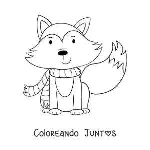 Imagen para colorear de un zorro animado usando una bufanda para otoño