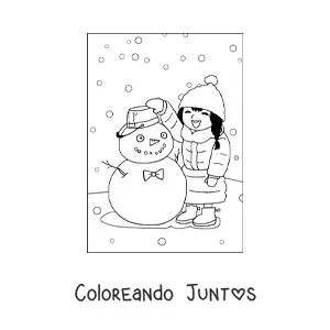 Imagen para colorear de una niña en invierno con un muñeco de nieve
