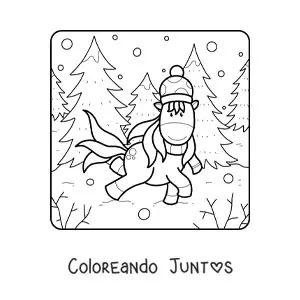 Imagen para colorear de un unicornio en un bosque de invierno