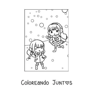 Imagen para colorear de dos niñas kawaii en invierno