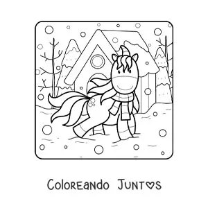 Imagen para colorear de un unicornio de paseo en invierno