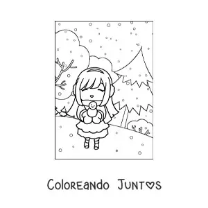 Imagen para colorear de una niña en un bosque de invierno