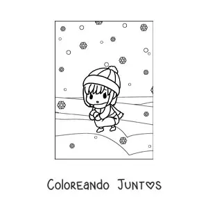 Imagen para colorear de una niña kawaii jugando en la nieve