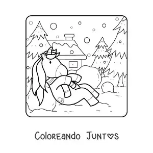 Imagen para colorear de un unicornio animado jugando en la nieve