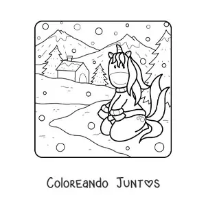 Imagen para colorear de un unicornio animado en un paisaje de invierno