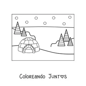Imagen para colorear de un paisaje nevado con un iglú