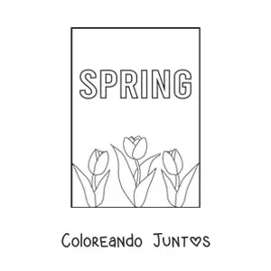 Imagen para colorear de varios tulipanes y la palabra spring