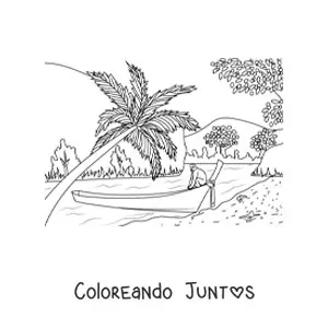 Imagen para colorear de una bahía tropical con palmeras