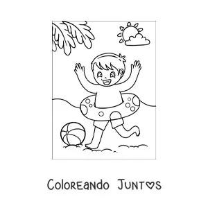 Imagen para colorear de un niño jugando en la playa con una pelota y un aro salvavidas