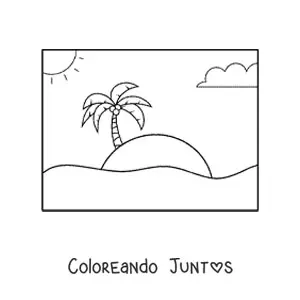 Imagen para colorear de una playa el sol y una palmera