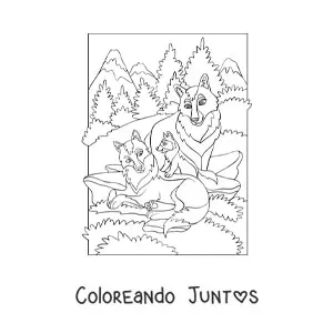 Imagen para colorear de tres lobos junto a un bosque
