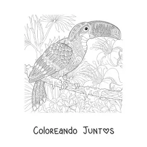 Imagen para colorear de un mandala con diseño de un tucán en la selva