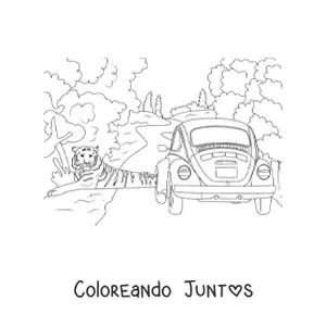 Imagen para colorear de un tigre salvaje al lado de un auto en una ruta entre la selva