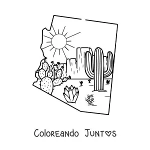 Imagen para colorear del mapa de Arizona con un dibujo del desierto
