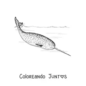 Imagen para colorear de un narval nadando en el mar
